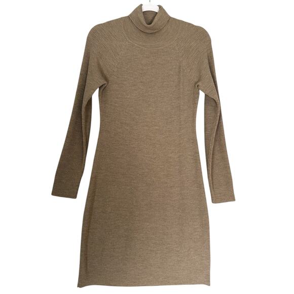 Garnet Hill Sz S 100% Merino Wool Turtleneck Sweater Dress Ribbed Tan Neutral - Picture 1 of 11